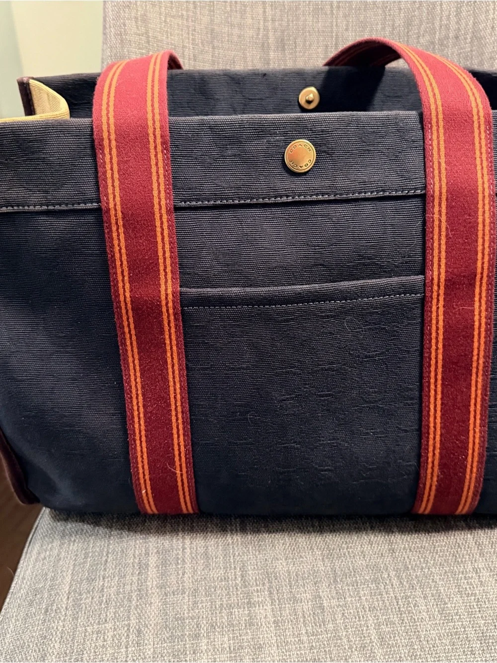 Coach Black Canvas Tote with Burgundy and Orange Straps with leather trim